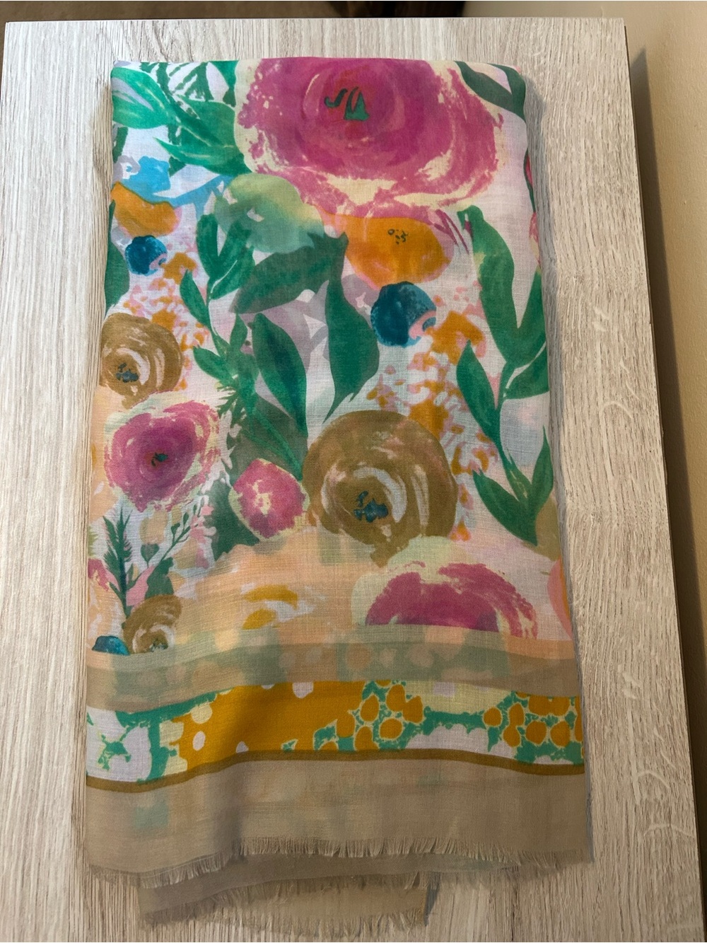 Floral Watercolor Scarf in Pink, Green & Mustard
